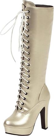 Generic Womens Platform Knee High Boots Patent Leather High Heel Party Dance Long Booties Large Size Footwear