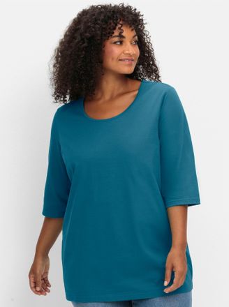 Sheego 3/4-Arm-Shirt SHEEGO 3/4-Arm-Shirt, Damen, Gr. 44/46, topas, 100% Baumwolle, unifarben, Rundhals, Shirts 3/4-Arm-Shirt