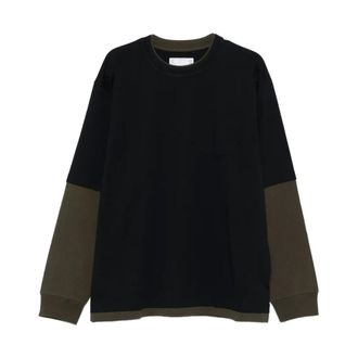 sacai Tops, Heren, Zwart, M, Katoen, T-shirt met lange mouwen en ronde hals met borstzak
