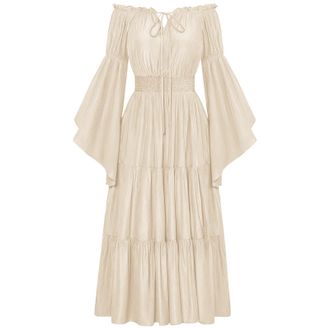Generic Womens Medieval Maxi Dress Off Shoulder Bell Long Sleeve Elastic Waist Smocked A-Line Dresses