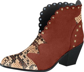 Generic Winter Retro Serpentine Fashion Womens Pointed Toe Ankle Boots with Zipper Closure and Chunky High Heel for Comfortable Daily Wear (Brown, 6. 5)