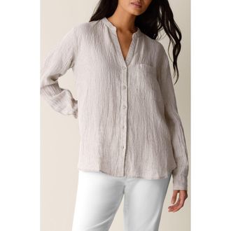 Eileen Fisher Mandarin Collar Long Sleeve Organic Linen Button-Up Shirt in Wheat at Nordstrom, Size Xx-Small