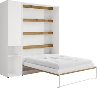 Vente-Unique Cama abatible vertical 140 x 200 cm - 1 columna de almacenamiento - Con LEDs - Blanco y natural - RAPILI