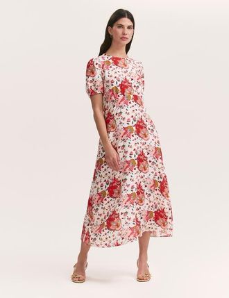 Finery Lili Floral Short Sleeve Midi Tea Dress in Coral Floral at Nordstrom, Size 12