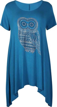 Purple Hanger Womens Owl Printed Ladies Stretch Round Neckline Sequin Stud Uneven Hanky Hem Long Swing T-Shirt Top Plus Size Teal 26-28