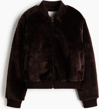 H&M Pile Bomber Jacket in Dark Brown at Nordstrom, Size Xx-Large