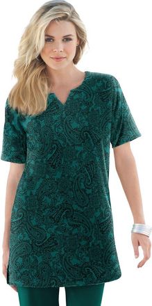 Roaman's Plus Size Soft Knit Print Tunic With Notch Neckline in Emerald Green Lace Paisley at Nordstrom, Size Medium