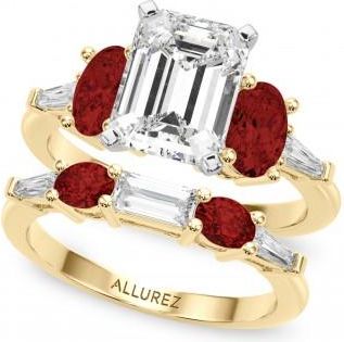Allurez Emerald Cut Lab Grown Diamond & Oval Garnet Bridal Set 18K Yellow Gold (4.97ct)