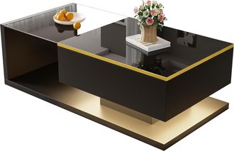 STILVORA Mesa De Centro 100 Cm Con Tapa De Cristal Y Led 16 Colores Por App Bluetooth, Negro Brillo, En Tablero De Part&iacute;culas, 100&times;50&times;32,5 Cm