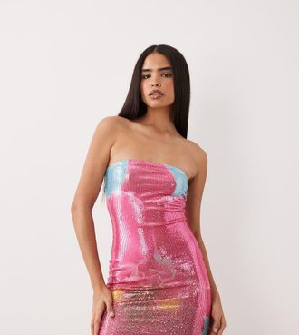 KAIIA Esclusiva Kaiia - Vestito corto a fascia con paillettes color acqua e rosa a fiori-Multi