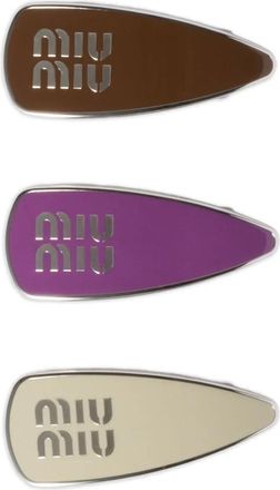 Miu Miu Ge&euml;mailleerde haarclip met logo - Zilver