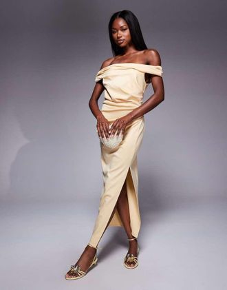 Asos Vestito midi aderente giallo chiaro con scollo alla Bardot attorcigliato