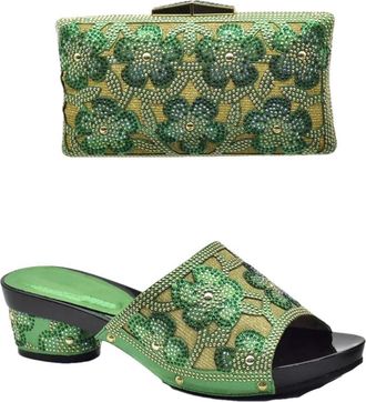 Generic Womens Shoes and Bag Set Sparkly Rhinestone Flowers Handbag Shiny Elegant Slip On Sandals for Evening Party Wedding