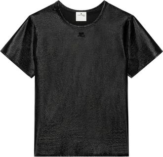Courr&egrave;ges Tops, Dames, Zwart, 2Xs, Logo Patch Crew Neck T-Shirt