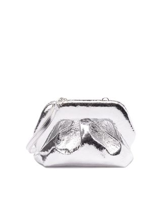 Themoir&egrave; Laminated Silver Bag with Draped Texture and Adjustable Strap