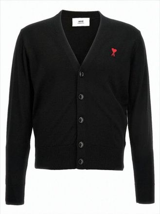 Ami V-Neck Black Wool Cardigan With Embroidered Accent