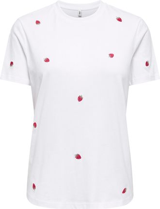 Only Kurzarmshirt ONLY ONLKETTY LIFE S/S O-NECK TOP JRS NOOS, Damen, Gr. XL, hellwei&szlig; aop:strawberry, Jersey, Obermaterial: 100% Baumwolle, bedruckt, regul