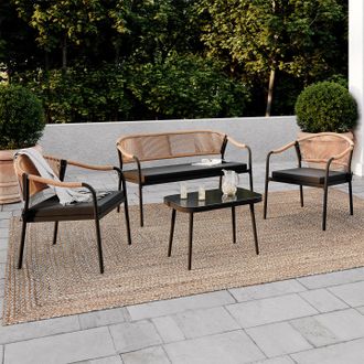 IDMarket Conjunto De Muebles Bajos De Jard&iacute;n Madeira, 4 Plazas, Estructura De Metal Negro, Cordaje Y Cojines Negros