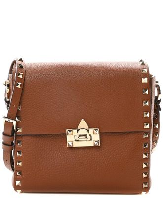 Valentino Brown Pebbled Calfskin Leather Rockstud Flip Lock Flap Messenger (Authentic Pre-Loved)