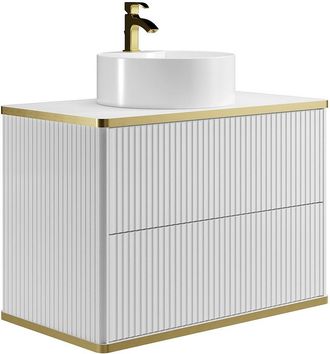 Vente-Unique Mueble de baño suspendido estriado con ribete dorado y lavabo redondo - Blanco - 80 cm - KELIZA