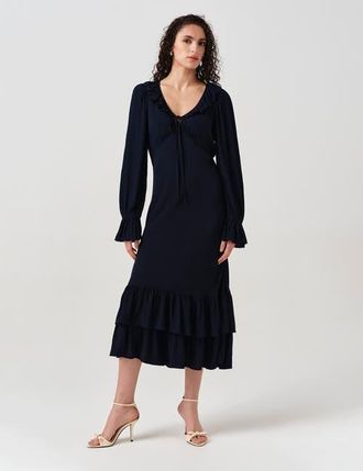 Ghost London Melina Crepe Ruffle Hem Midi Dress in Navy at Nordstrom, Size 12