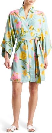 Natori Solene Matte Charmeuse Robe in Teal Multi at Nordstrom, Size X-Small