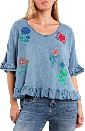 BILLY T Floral & Heart Ruffle T-Shirt in Denim Wash at Nordstrom, Size X-Large