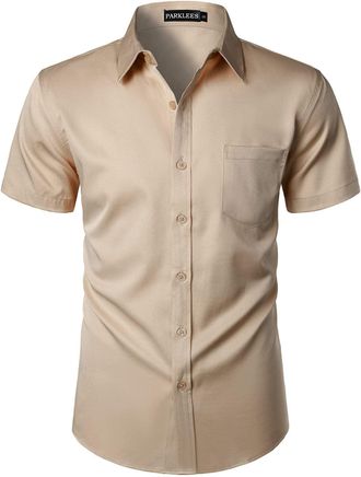 PARKLEES Mens Casual Urban Stylish Slim Fit Short Sleeve Button Up Dress Shirt with Pocket EU-ZLSC15 Khaki XXX-Large