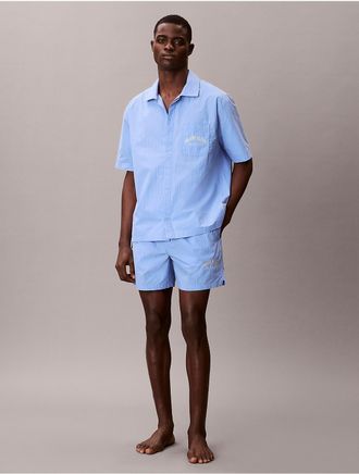 Calvin Klein Mens Cotton Poplin Graphic Hertitage Crest Sleep Shorts - Blue - XL
