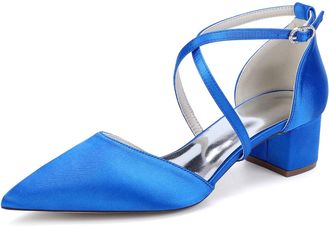 Generic Women Satin Chunky Bridal Shoes Low Wedding Heels Cross Strappy Wedding Evening Dress Shoes Pumps 4.5Cm,Royal Blue,10 UK
