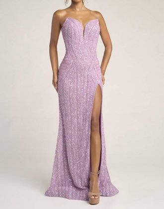 Portia & Scarlett Fully Embellished Strapless Dress With Slit In Lilac