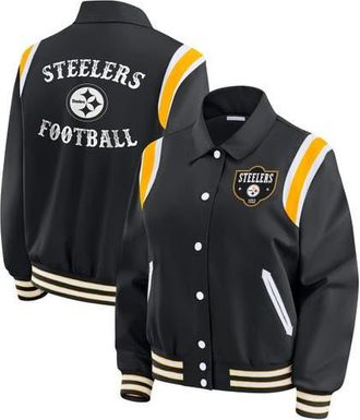 WEAR by Erin Andrews Womens WEAR by Erin Andrews Black Pittsburgh Steelers Varsity Lightweight Full-Snap Jacket at Nordstrom, Size Medium