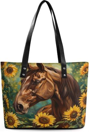 Generic Horses with Sunflowers Tote Bags for Women Cute Shoulder Purses Handbags