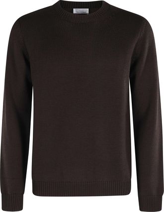 Roberto Collina Dark Brown Classic Crew-Neck Ribbed Merino Wool Sweater