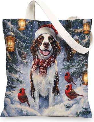 Generic Christmas Springer Spaniel Dog Canvas Tote Bag for Shopping 13x15, Winter Cardinal Xmas Puppy Reusable Grocery Print Bag for Women, Holiday Pet Beach 
