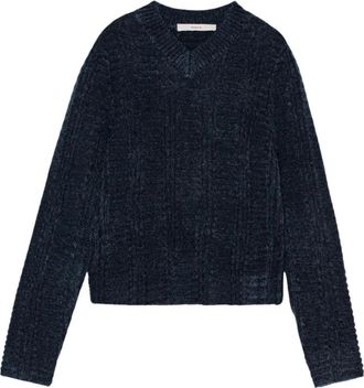 Remain Gezellig Gebreide Trui - Dames - V-hals truien - Blauw - 2XL - Wol - Truien & Vesten