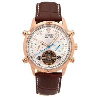 Heritor Wilhelm Semi-Skeleton Leather-Band Watch w/Day/Date - Brown/Rose Gold