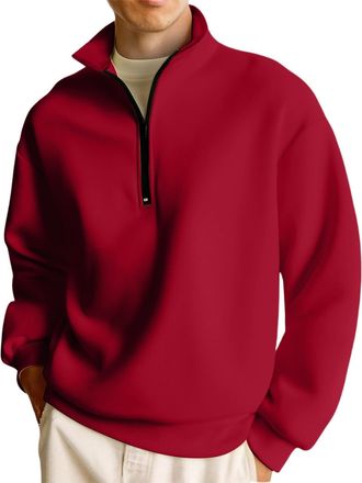 Generic Mens Half Zip Pullover Sweatshirt, Warm Fleece Lined Quarter Zip Jumper with Stand Collar, Casual Long Sleeve Top for Daily & Outdoor Wear Red