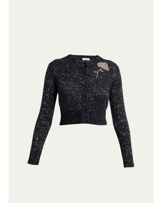 Erdem Crystal Brooch Paillette Knit Crop Crewneck Cardigan