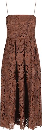 Rotate Brown Sangallo Lace Floral Embellished Polyester Midi Dress