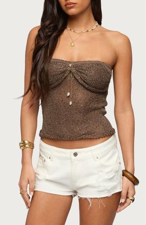 Edikted Pearly Charm Strapless Sequin Knit Top in Brown at Nordstrom, Size X-Large