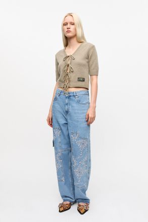 Ganni Broderie Anglaise Carpenter Jeans in Light Blue Stone Size 24 Organic Cotton Womens