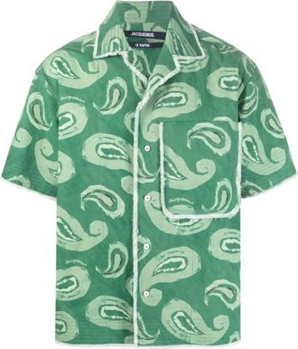 Jacquemus Short Sleeve Shirts, male, Green, Size: XS Artichaut Paisley-print Frayed-edge Shirt