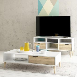 Dmora Dmora - Mueble Tv Con Dos Cajones, Color Blanco Y Roble, 117 X 57 X 39 Cm, Con Embalaje Reforzado