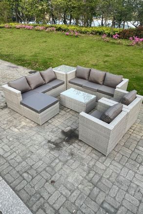Fimous 9 Seater Outdoor PE Rattan Garden Furniture Set Sofa Set Coffee Table Footstool 2 Armchair in Light Grey
