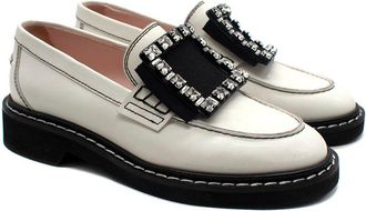 Roger Vivier White Leather Viv Rangers Strass Buckle Loafers Size 37