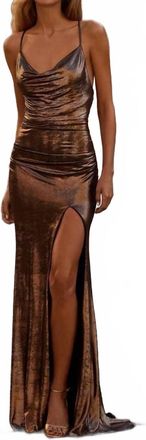 La Femme Draped Brushed Metallic Gown In Penny
