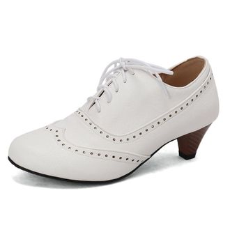 Generic Womens Lace Up Vintage Brogues Round Toe PU Leather Dress Shoes Mid Block Heel Casual Shoes,White,10.5 UK