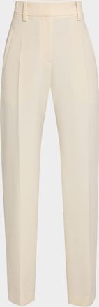 Brunello Cucinelli Button-Waist Double Canvas Wool Straight-Leg Pants