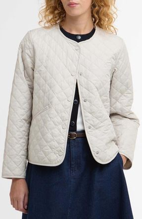 Barbour Cashel Collarless Quilted Jacket in Mist/Dress Navy Tartan at Nordstrom, Size 12 Us